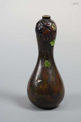 Japanese Double Gourd Mixed Metal Vase with Enamle