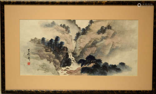 Chinese Landscape Painting of a Water Fall Among Mountain