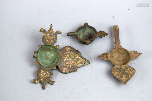 Three Islamic Persian Bronze oil Lamps 14-15th cen