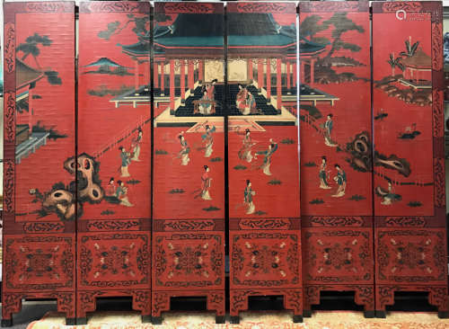 Antique Chinese Red Lacquer Floor Screen