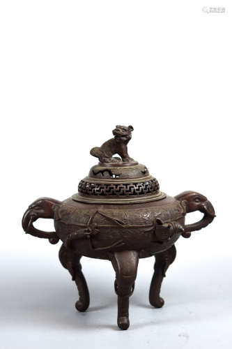 Chinese Bronze Censer with Shrimp and Fish