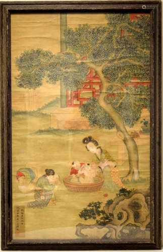 Chinese Painting of Lady with Boy Bathing