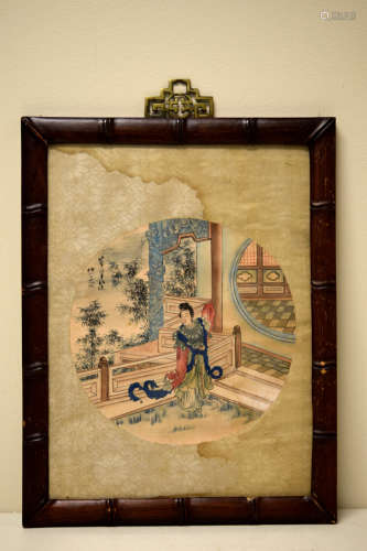 Chinese Round Painting on Silk with Rosewood Frame