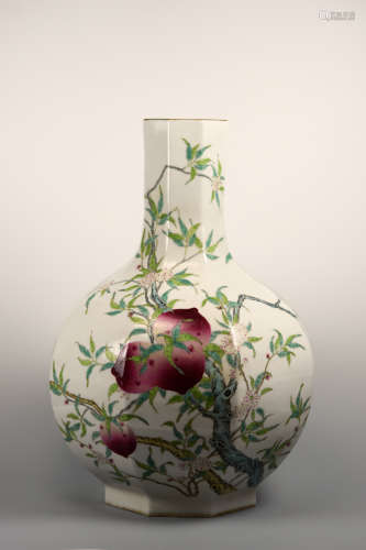 Chinese Hexagonal Porcelain Vase with Peach Scene