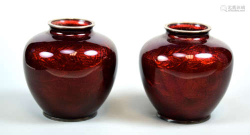 Pair Japanese Cloisonne Vases Pigeon Blood
