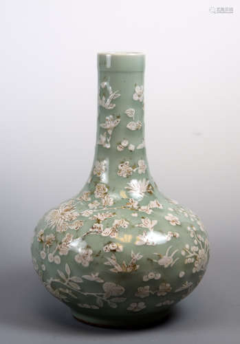 Chinese Celadon Porcelain Vase with Raised Flowers
