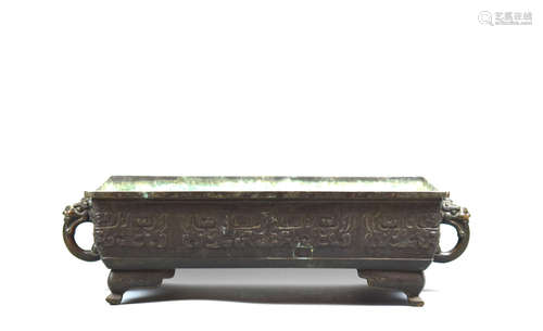 Chinese Bronze Rectangular Planter with Beast Handle