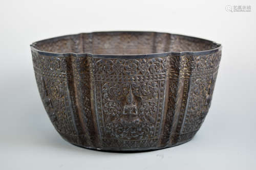 Thai Silver Bowl with Buddhist Scene