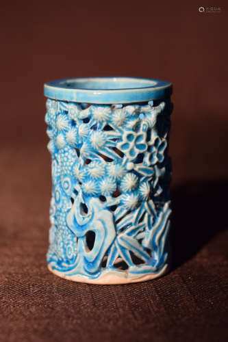 Chinese Blue Glazed Porcelain Brushpot