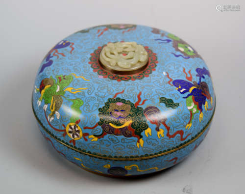 Chinese Cloisonne Round Box with Jade Pi