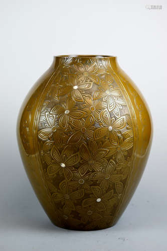 Japanese Art Deco Bronze Vase with Gold Silver Inlay