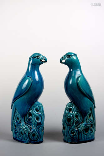 Pair Chinese Export Peacock Glazed Porcelain Parrot