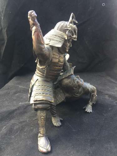 Antique Japanese Bronze Warrior Fighting Statue