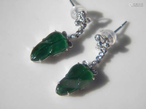 Pair of 18K Gold Diamond Natural Green Jadeite Leaf