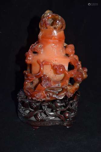 Antique Chinese Carved Carnelian Vase with Wood Stand