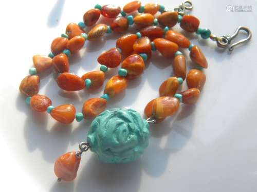 Antique Butter Scotch Necklace with Dragon Turquoise