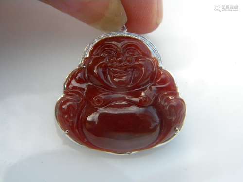 18K Gold Diamond Red Jadeite Buddha Pendant