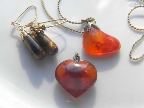 Antique Amber and Carnelian Pendant, Tiger Eye Earrings