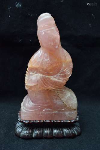 Antique Chinese Pink Quartz Guanyin Statue