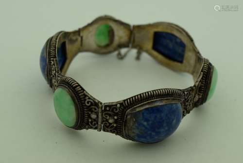 Antique Chinese Jadeite and Lapis Silver Bracelet