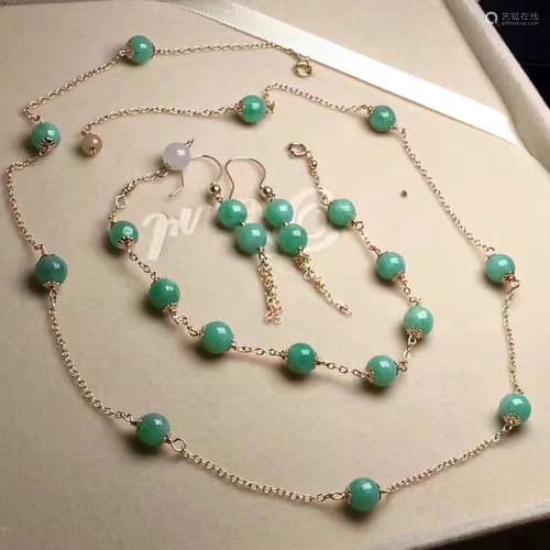 Set of 14K Gold Green Jadeite Necklace,bracelet,Earring