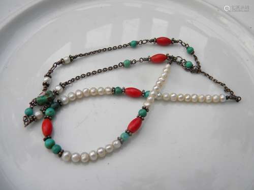 Antique Coral, Turquoise and Pearl Necklace