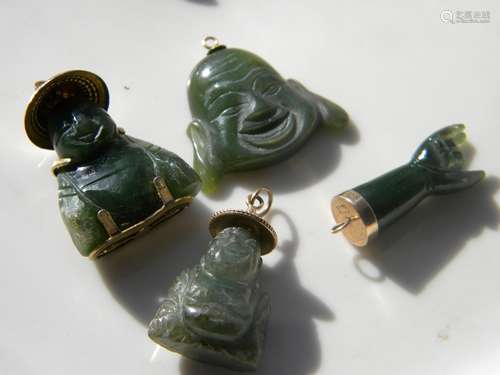 Group of Nephrite Green Jade Pendants, marked 12K Gold