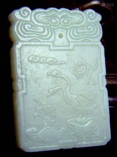 CHINESE WHITE JADE GEESE PLAQUE, TWO GEESE SCENE