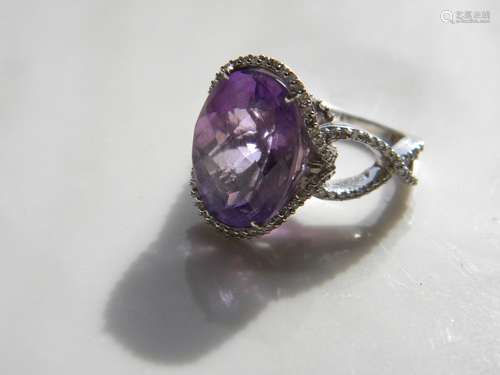 14K White Gold Diamond Amethyst Ring