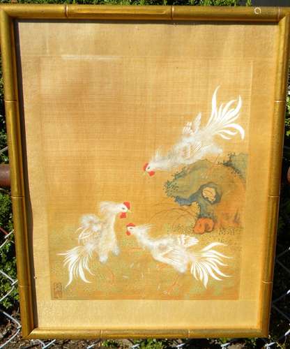 Antique Chinese Paintign on silk of two rooster