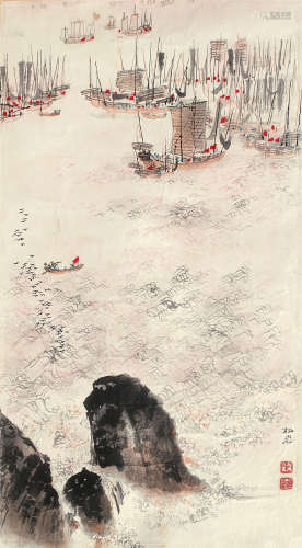 钱松嵒（1899～1985） 太湖渔乐图 镜片 设色纸本