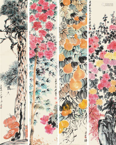 齐白石（1864～1957） 花卉 四屏 设色纸本