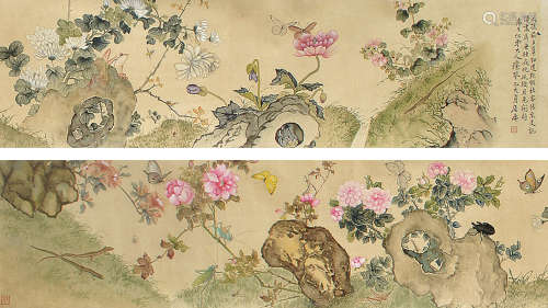 居廉（1828～1904） 花卉 手卷 设色纸本