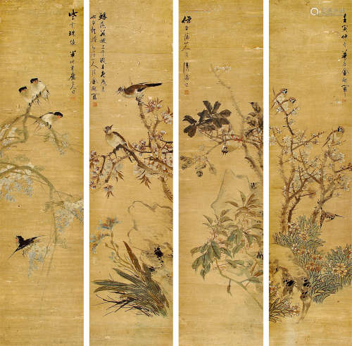 金梦石（1869～1952） 花鸟 四屏 设色纸本