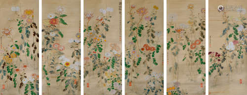 萧淑芳（1911～2005） 菊花 六屏 设色纸本