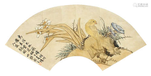 陆恢（1851～1920） 花鸟 扇面 设色纸本