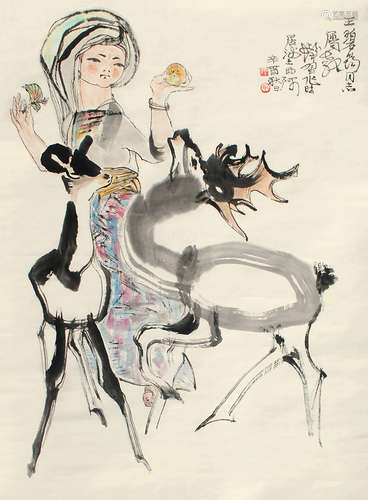 程十发（1921～2007） 牧羊女 立轴 设色纸本