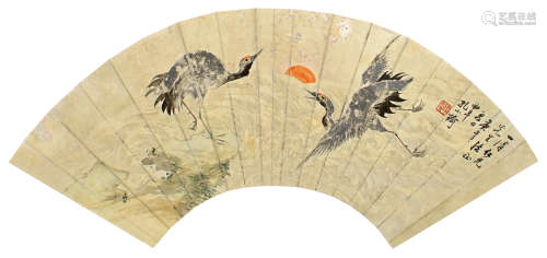 孔小瑜（1899～1984） 双鹤 扇面 设色纸本