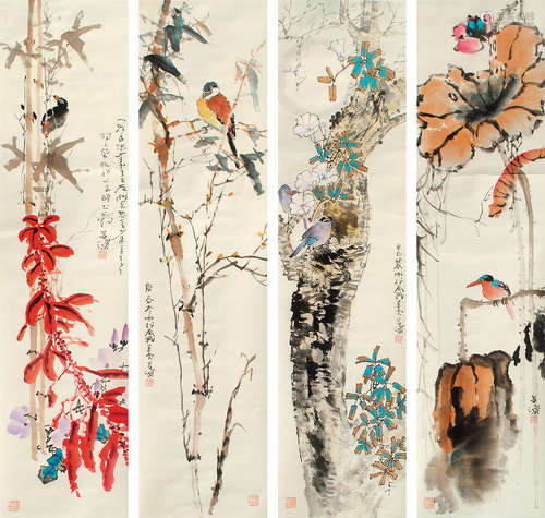 杨善深（1913～2004） 花鸟 四屏 设色纸本