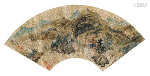 董其昌（1555～1636） 策杖访友 扇面 设色纸本