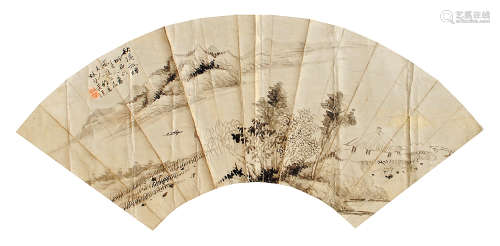房毅（1889～1979） 山水人物 扇面 设色纸本