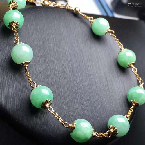 14 K Gold Natural Green Jadeite Bead Bracelet