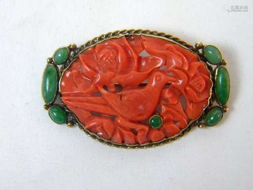 ANTIQUE CHINESE RED CORAL CARVED BROOCH PIN 14K GOLD