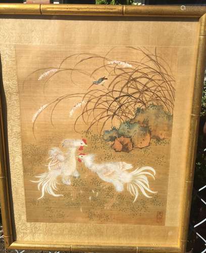 Antique Chinese Paintign on silk of two rooster