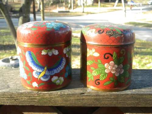 Pair of Antique Chinese Red Cloisonne Tea Boxes