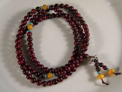 VINTAGE CHINESE 108 BUDDHIST PRAYER ROSEWOOD RED BEADS