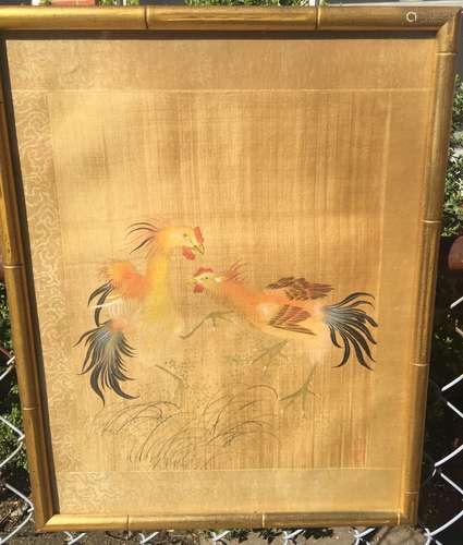 Antique Chinese Paintign on silk of two rooster