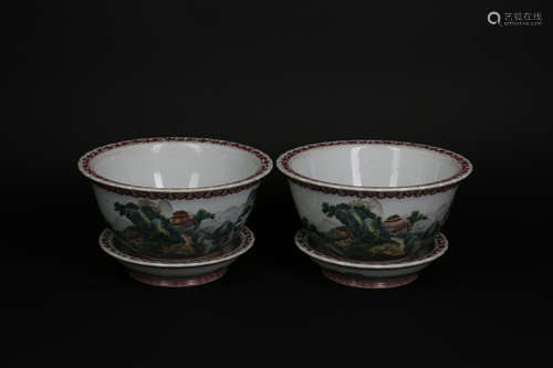 A Pair of Chinese Porcelain Planters with Base Plates