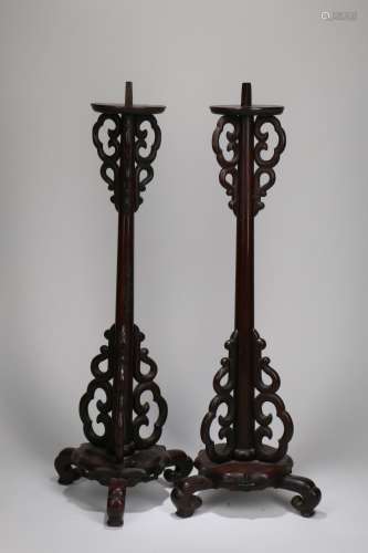 A Pair of Chinese Carved Wood Candle Holder