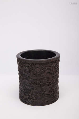 A Chinese Carved Wood Brush Pot